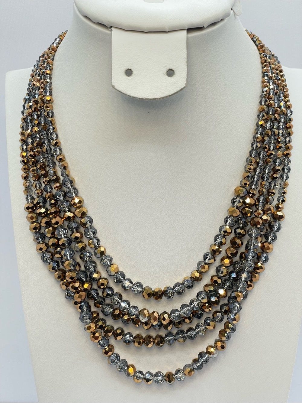 Gold Gray Crystal Multi Strand Layered Statement Necklace Boho Bold Sparkly